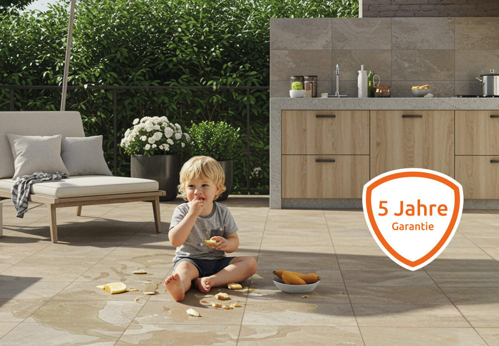 Kind auf Terrassenplatten, 5 Jahre Garantie auf SteinSchutzPro